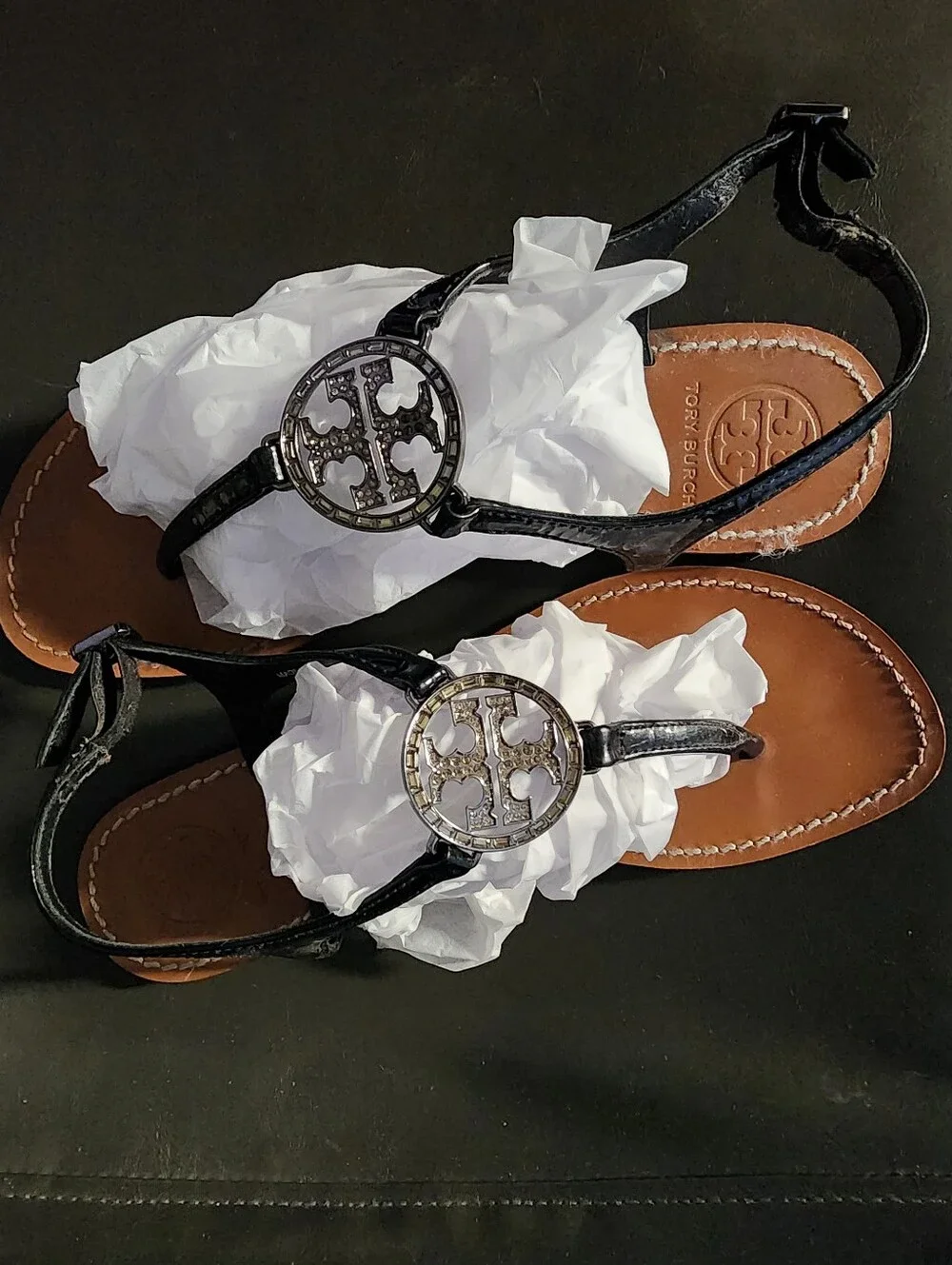TORY BURCH BLING SANDALS SIZE 8.5 BLACK WITH SILVER BLING TORY BURCH EMBLEM